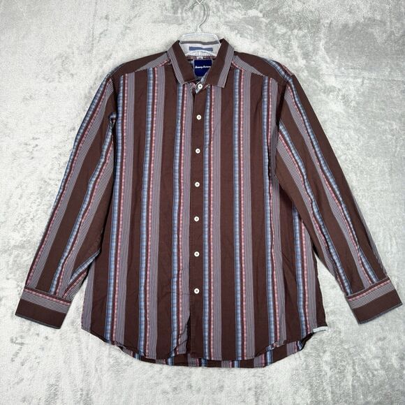 Tommy Bahama Shirt Mens Large Brown Blue Striped Silk Blend Casual Office Preppy - Picture 2 of 10
